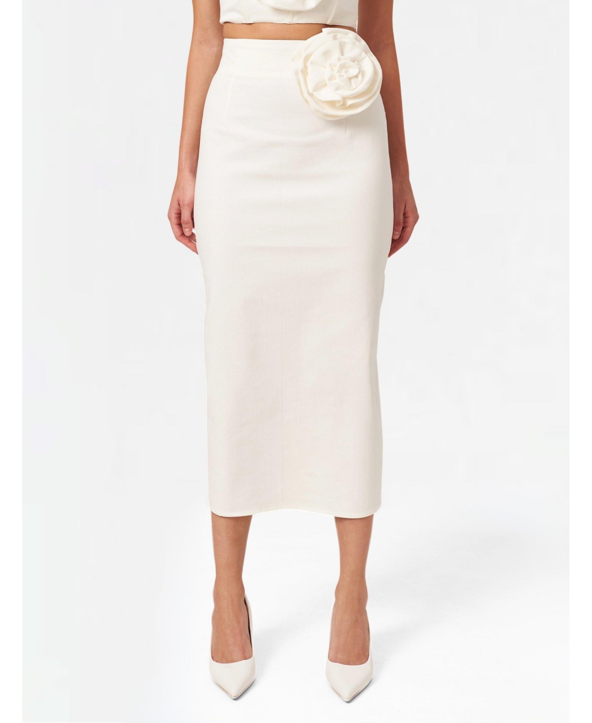 Women's Denim pencil skirt with rose detail, mid-rise - White
