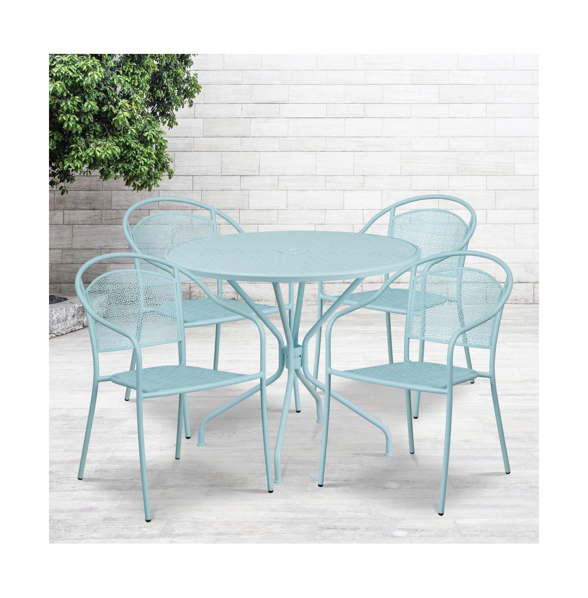 Commercial Round Metal Garden Patio Table Set W/ 4 Round Back Chairs