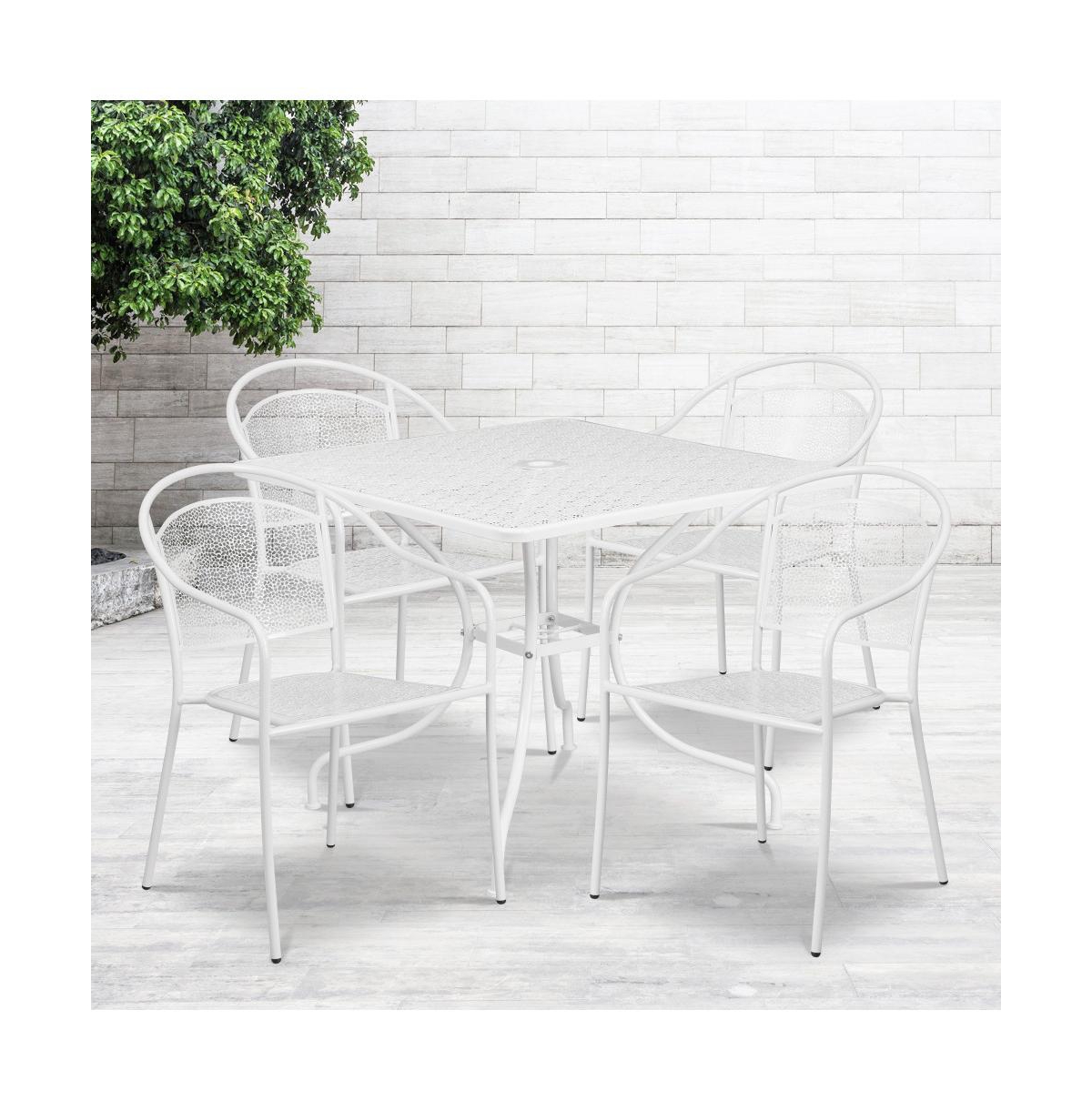 Emma+Oliver Commercial 35.5" Square Metal Garden Patio Table Set W/ 4 Round Back Chairs