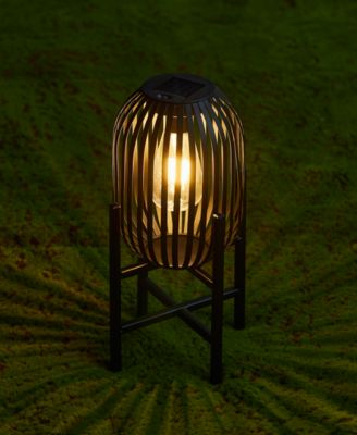 14.25" H Slim-Shaped Metal Stripes Solar Powered Edison Bulb Slim Outdoor Lantern with Stand