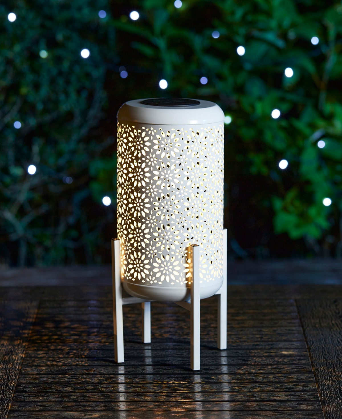Glitzhome 14.25" H Metal Cutout Flower Pattern Solar Powered Led Outdoor Lantern With Stand In White