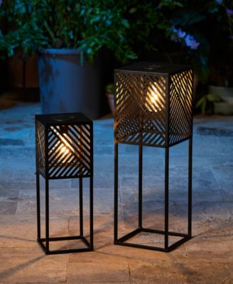 23.75" H, 17.75" H Set of 2 Metal Stripes Geometric Solar Powered Edison Bulb Outdoor Floor Lantern or Planter Stands