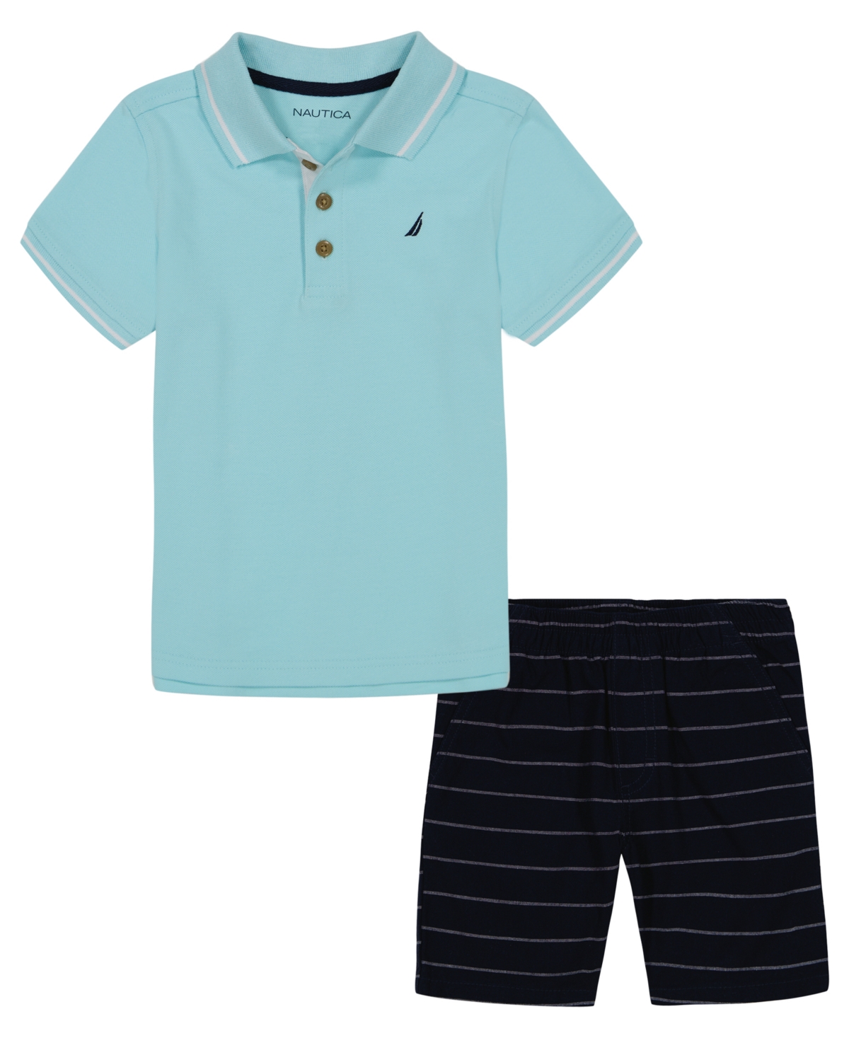 Shop Nautica Little Boys Tipped Pique Polo Shirt And Oxford Stripe Shorts, 2 Pc Set In Blue,navy