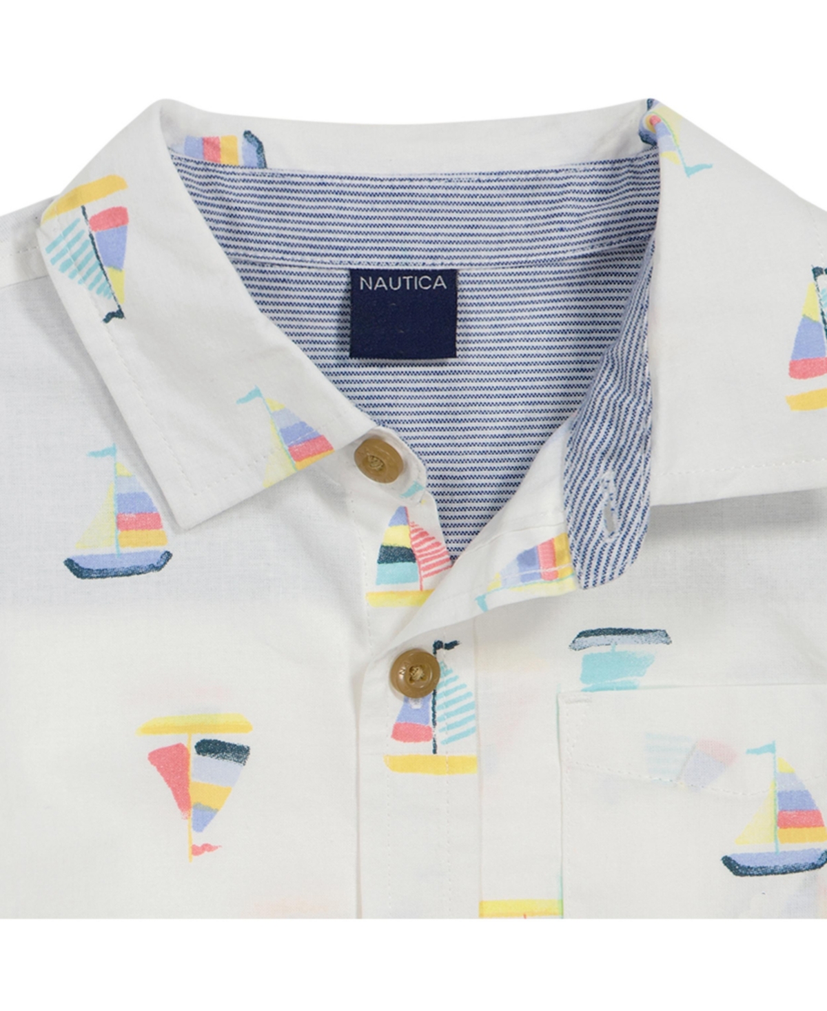 Shop Nautica Little Boys Short Sleeve T-shirt, Printed Poplin Shirt And Twill Shorts, 3 Pc Set In Multi,khaki