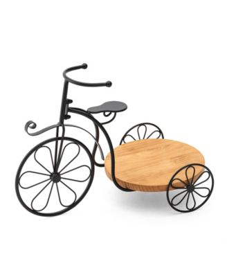 18" L Metal Tricycle Planter Stand with Natural Solid Wood Tray
