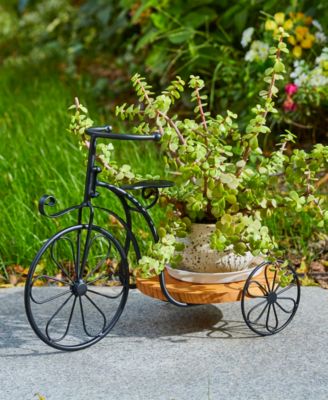18" L Metal Tricycle Planter Stand with Natural Solid Wood Tray