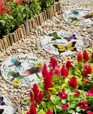 9.75" D Set of 2 Cement Stepping Stones with Fluttering Butterflies and Dragonflies Pattern