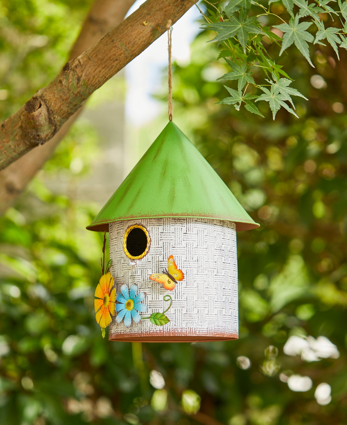 Glitzhome 11" H Stylish Distressed Metal Cottage Decorative Birdhouse With A Cluster Of 3d Flowers And Butterf In Multi