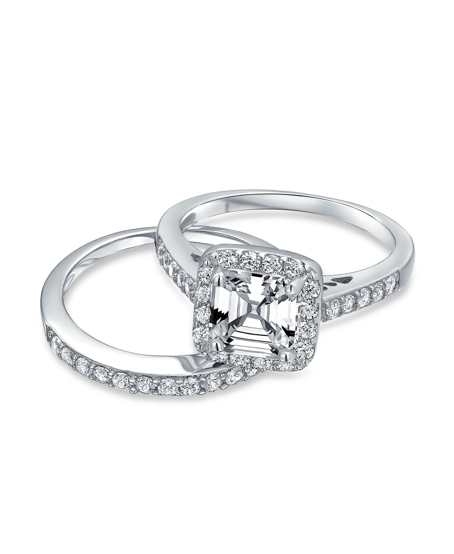 Deco Style 2CT CZ Asscher Cut Halo Engagement Ring Band Set Sterling Silver