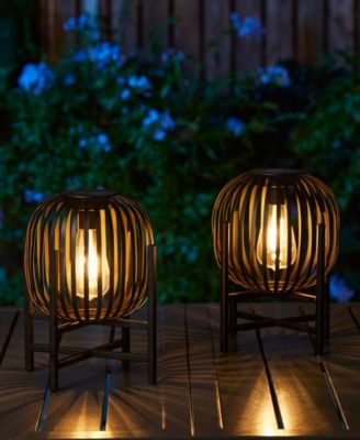 11.50" H Set of 2 Black Metal Stripes Solar Powered Edison Bulb Outdoor Lantern with Stand