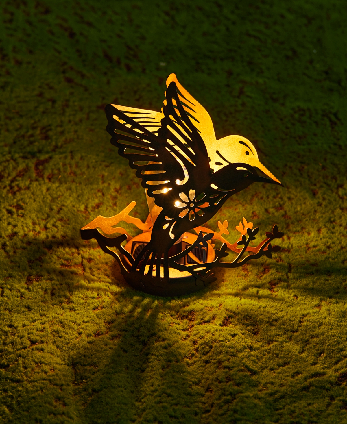 Glitzhome 9.75" H Set Of 2 Black And Gold-tone Metal Cutout Flying Hummingbird Silhouette Solar Powered Edison In Multi