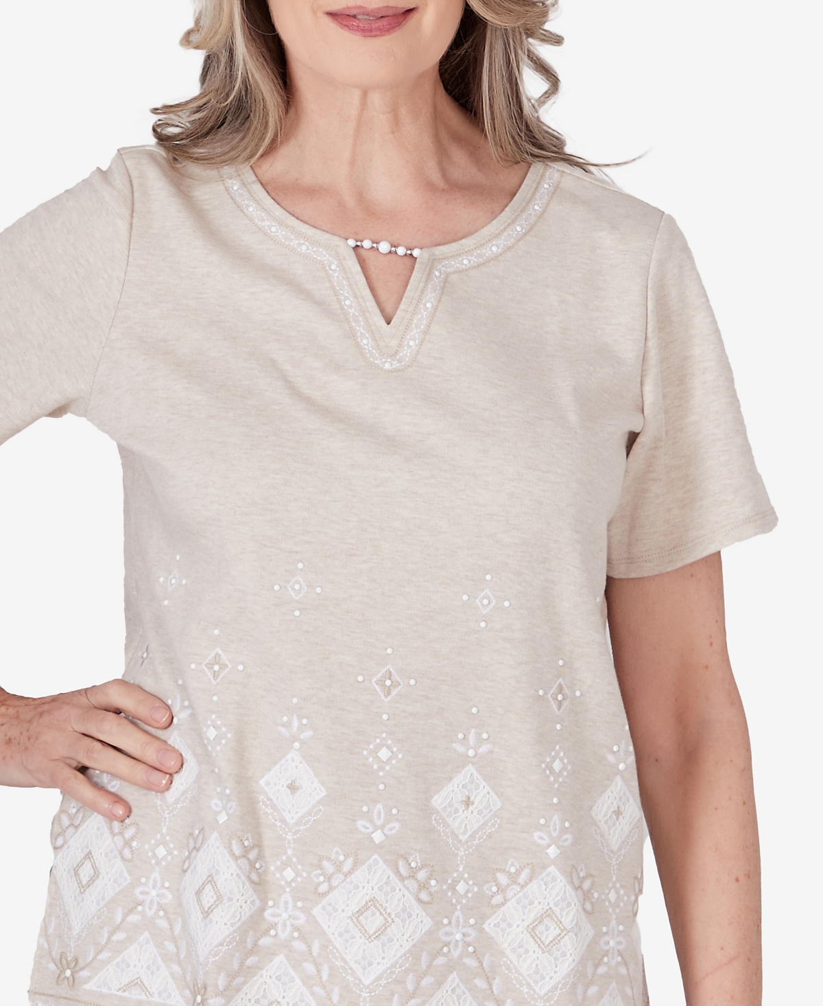 Alfred Dunner Women's Garden Party Embroidered Diamond Border Short Sleeve Top