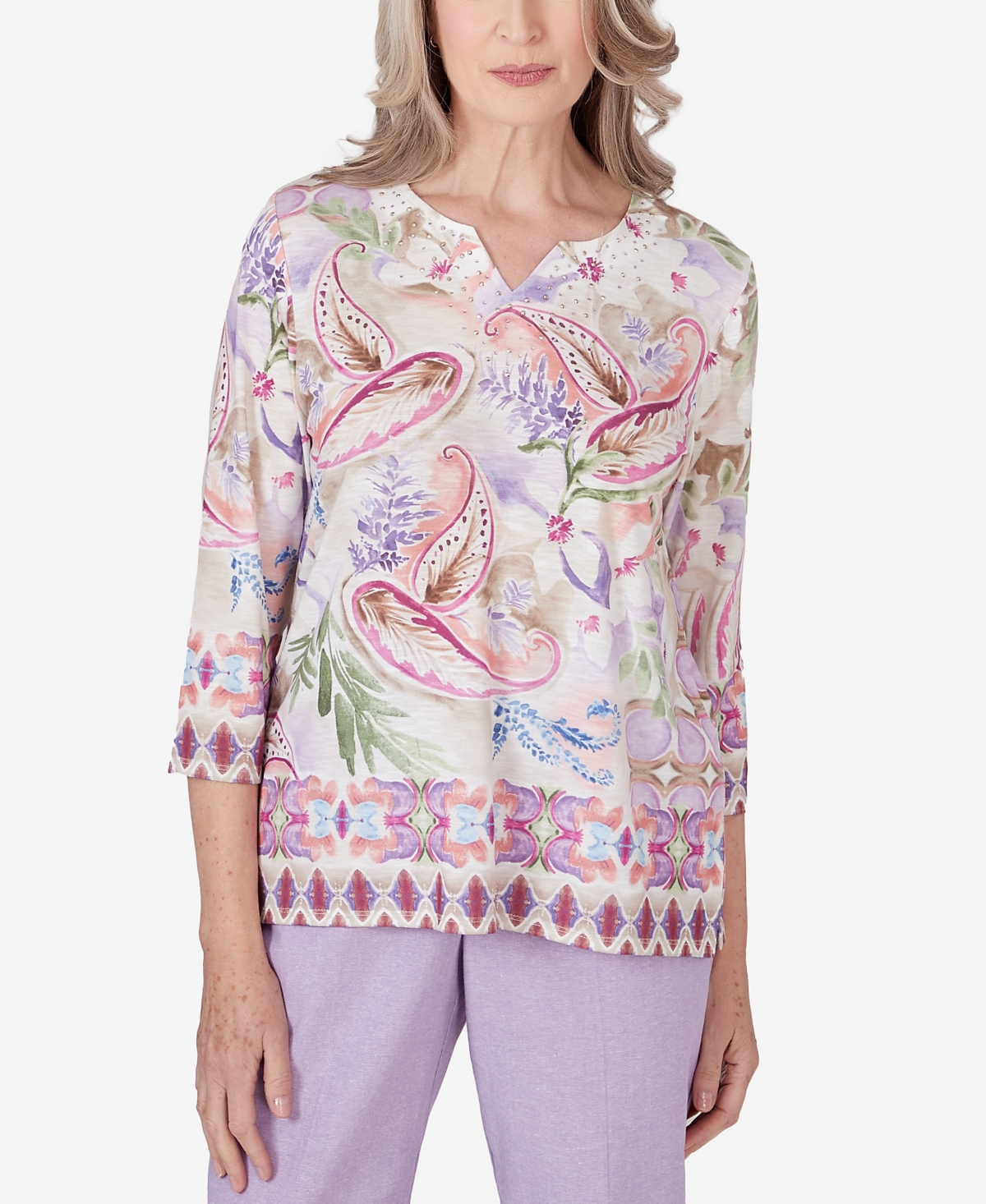 Shop Alfred Dunner Women's Garden Party Paisley Floral Border Top In Multi