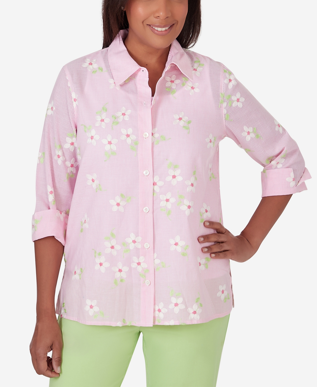 Shop Alfred Dunner Women's Miami Beach Pinstripe Floral Embroidery Blouse Top In Pink