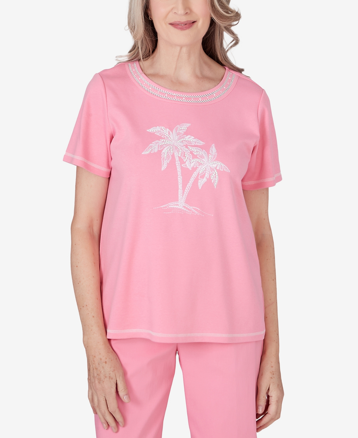 Shop Alfred Dunner Women's Miami Beach Embroidered Palm Tree Short Sleeve Top In Pink