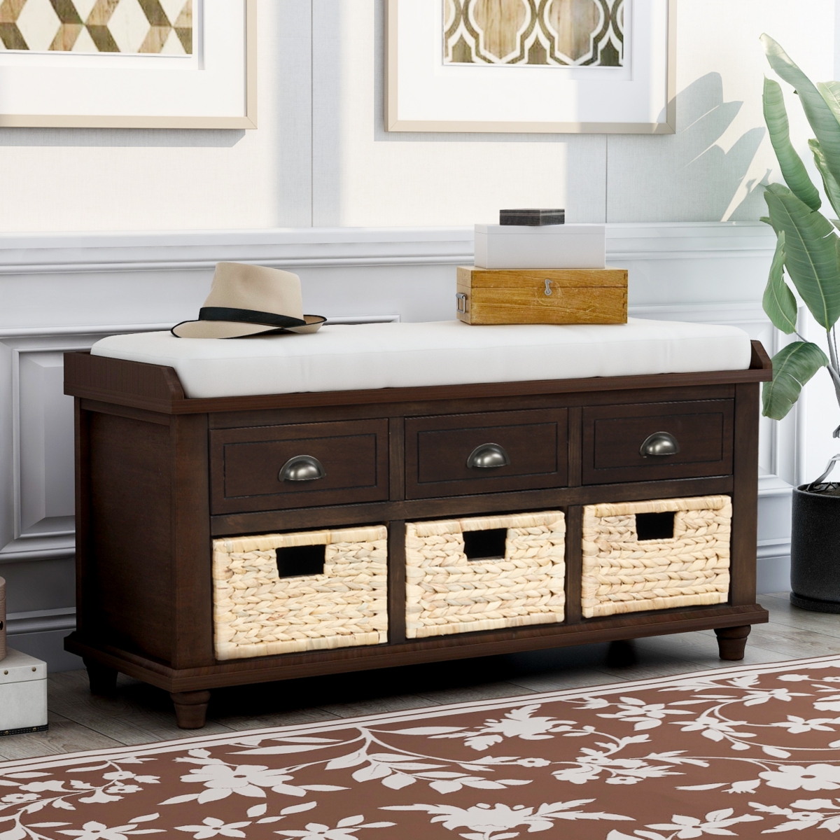 Rustic Storage Bench With 3 Drawers And 3 Rattan Baskets, Shoe Bench For Living Room - Espresso