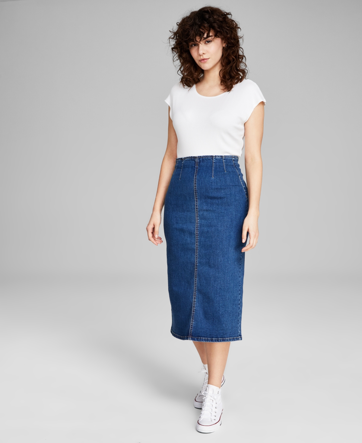 Women's High-Waist Denim Midi Skirt, Created for Macy's - Alexiou