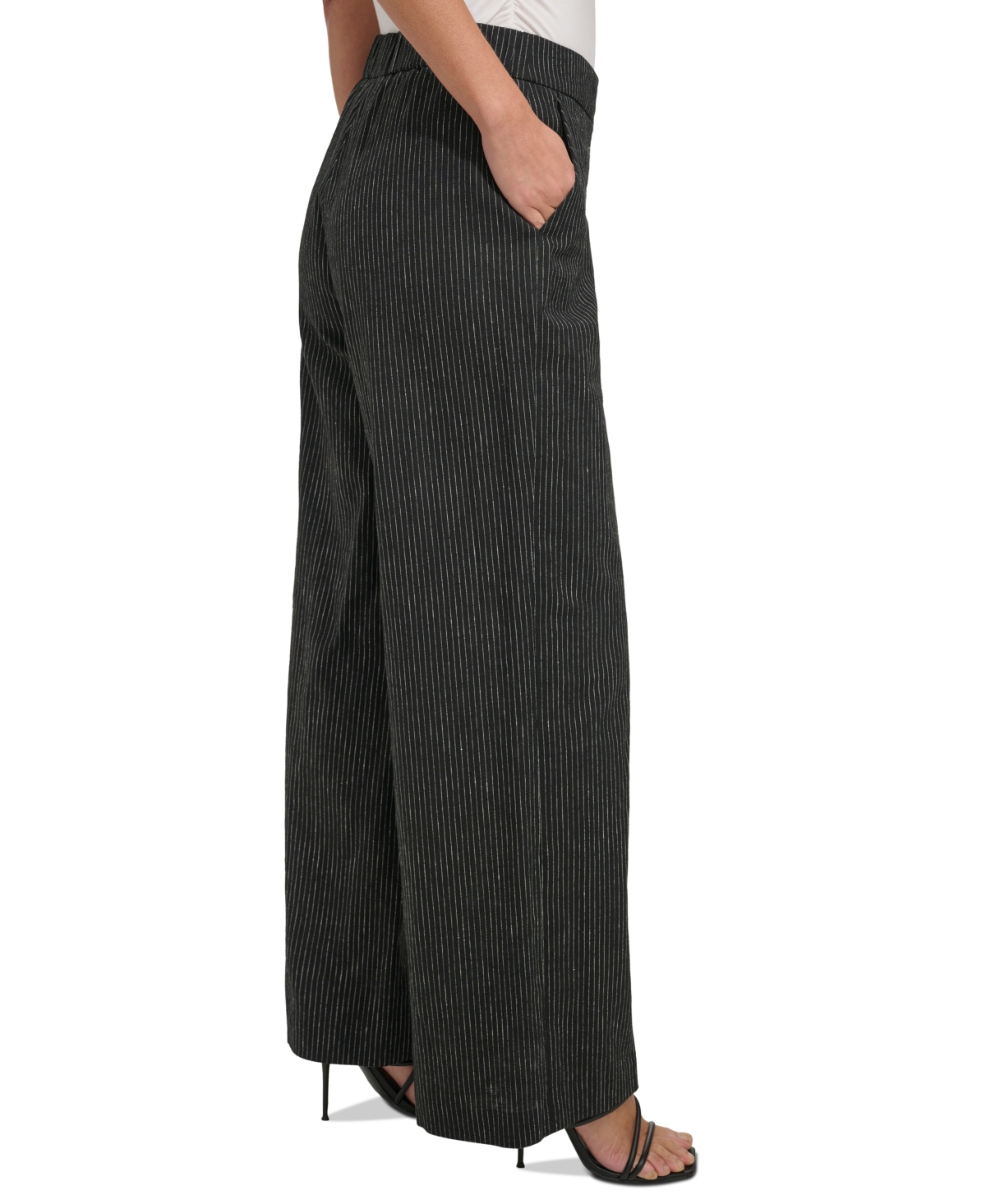 Shop Dkny Women's Pinstriped Full-length Wide-leg Pants In Black,ivory