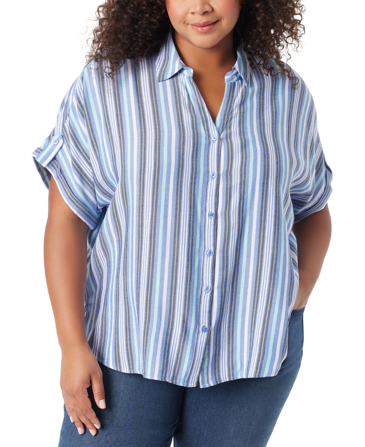 Plus Size Stripe High-Low Demi Shirt - Track Stripe Bluebell