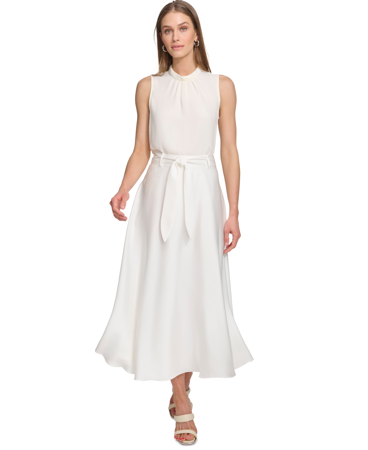 Shop Dkny Women's Belted A-line Midi Skirt In Ivory