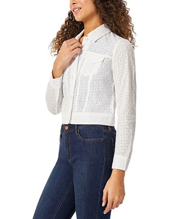 Jones New York Petite Cotton Eyelet Embroidered Trucker Jacket