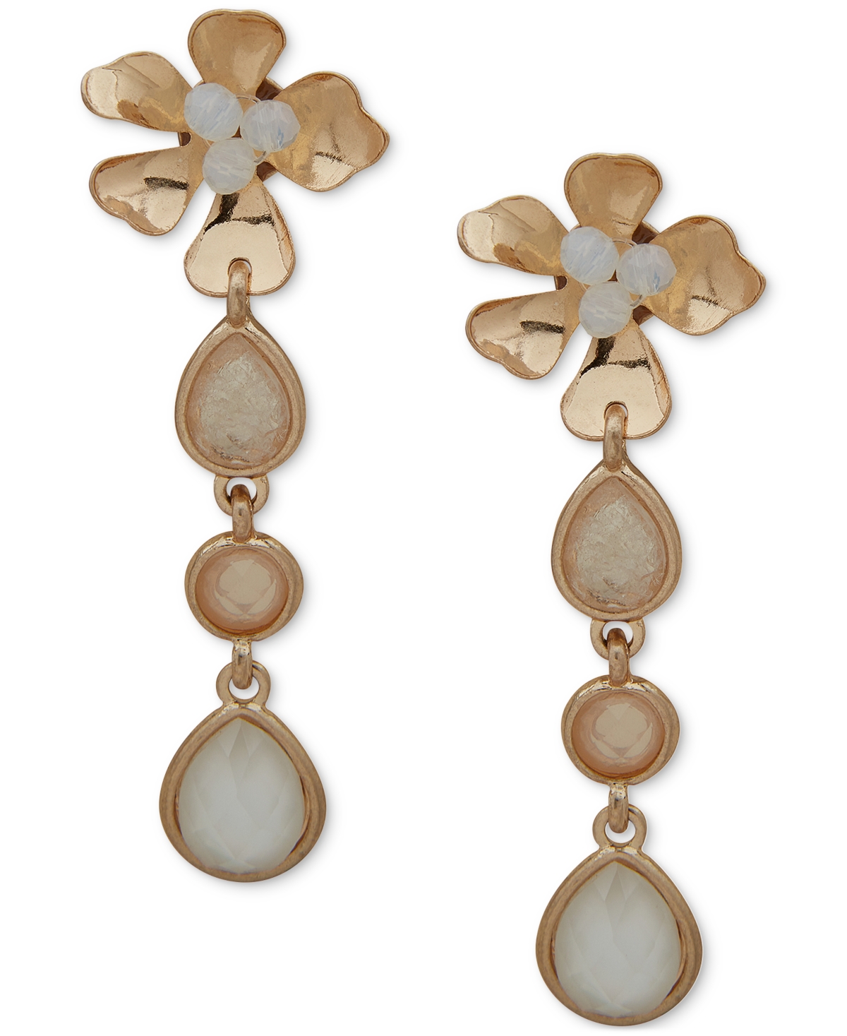 Gold-Tone Stone & Bead Flower Linear Drop Earrings - White