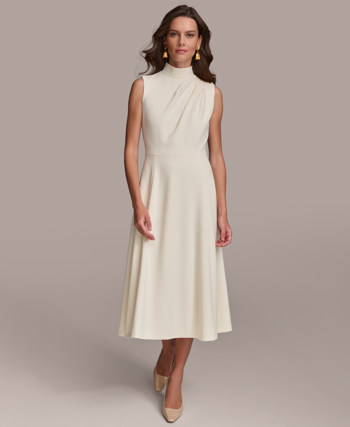 Shop Donna Karan Women's Mock-neck Sleeveless Midi Dress In Cream