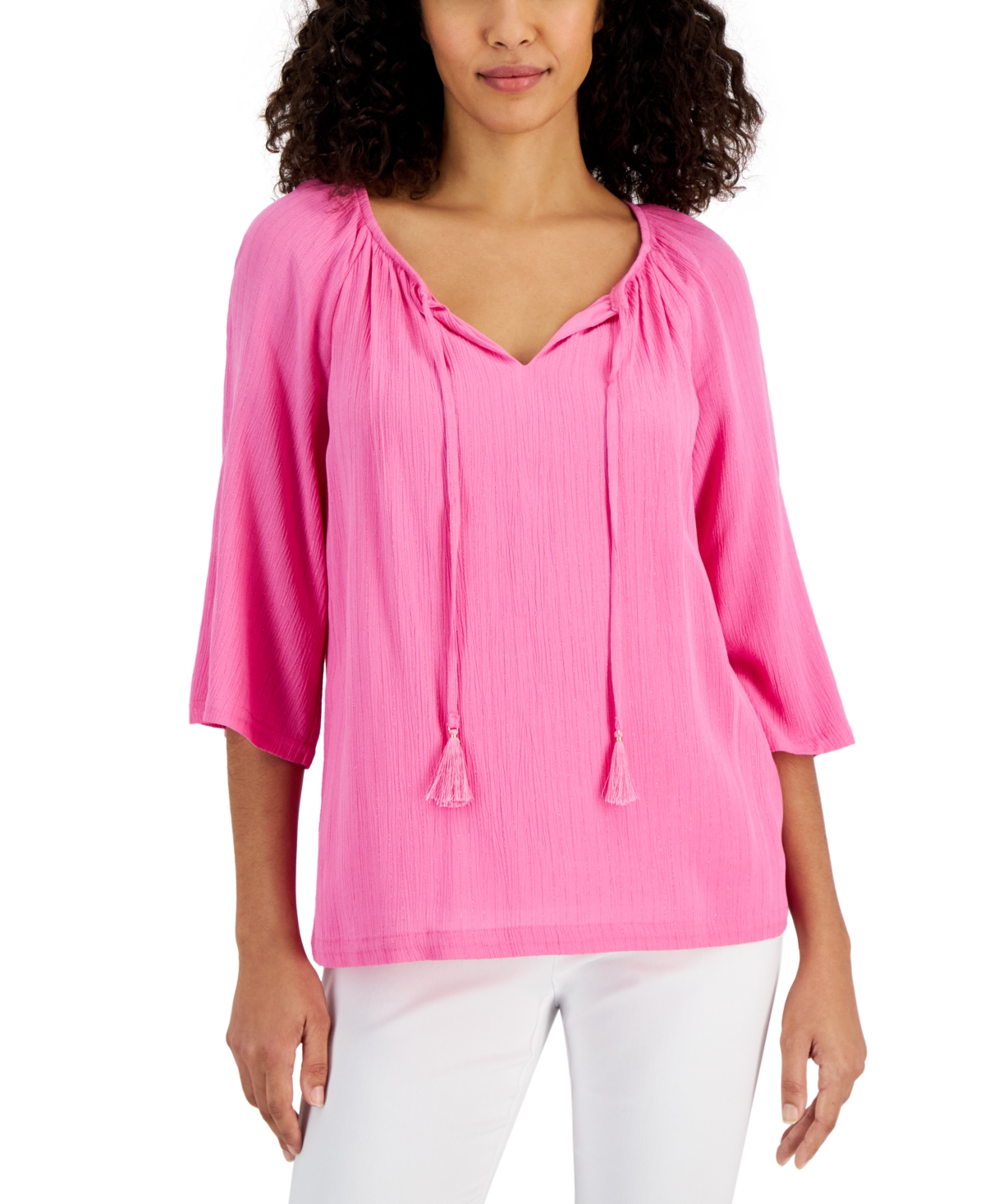 Women's Split-Neck 3/4 Sleeve Tasseled-Tie Top, Created for Macy's - Phlox Pink