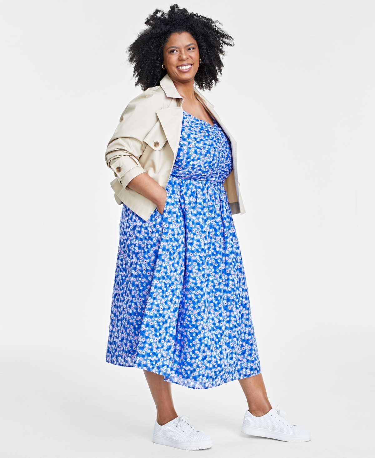 On 34th Trendy Plus Size Floral-Print Ruched Corset Midi Dress, Created for Macy's
