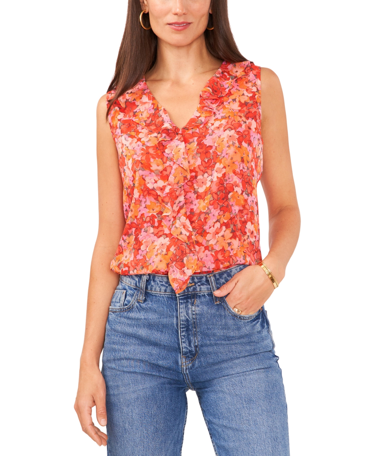 Shop Vince Camuto Women's Sleeveless Ruffled Floral Print Top In Tulip Red