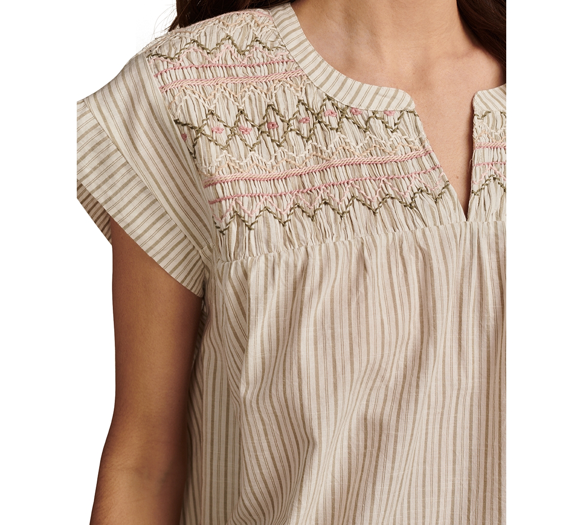 Shop Lucky Brand Women's Cotton Striped Smocked Popover Blouse In Green Stripe