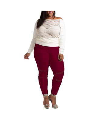 Women's Plus Size Curvy-Fit Lace Inset Pull-On Ponte Legging