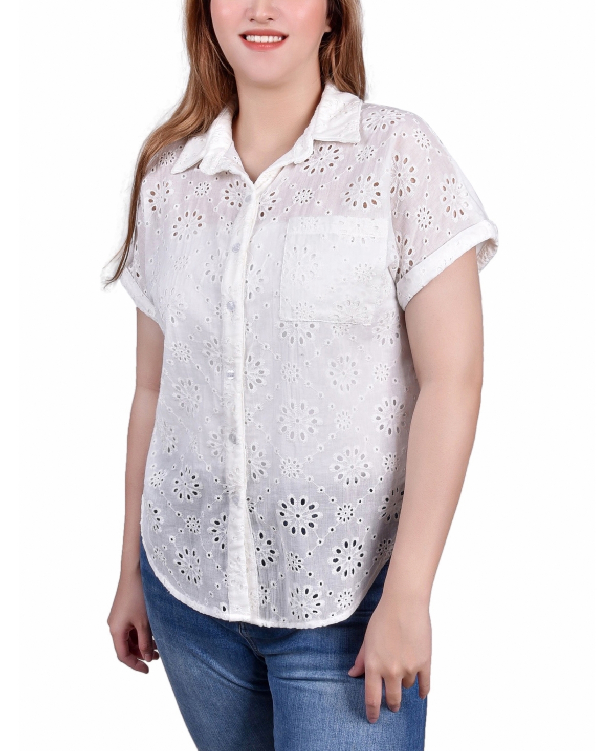 Ny Collection Petite Short Sleeve Eyelet Knit Back Blouse In White
