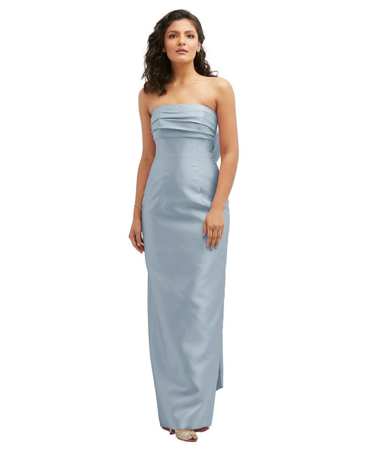 ALFRED SUNG STRAPLESS DRAPED BODICE COLUMN DRESS WITH OVERSIZED BOW