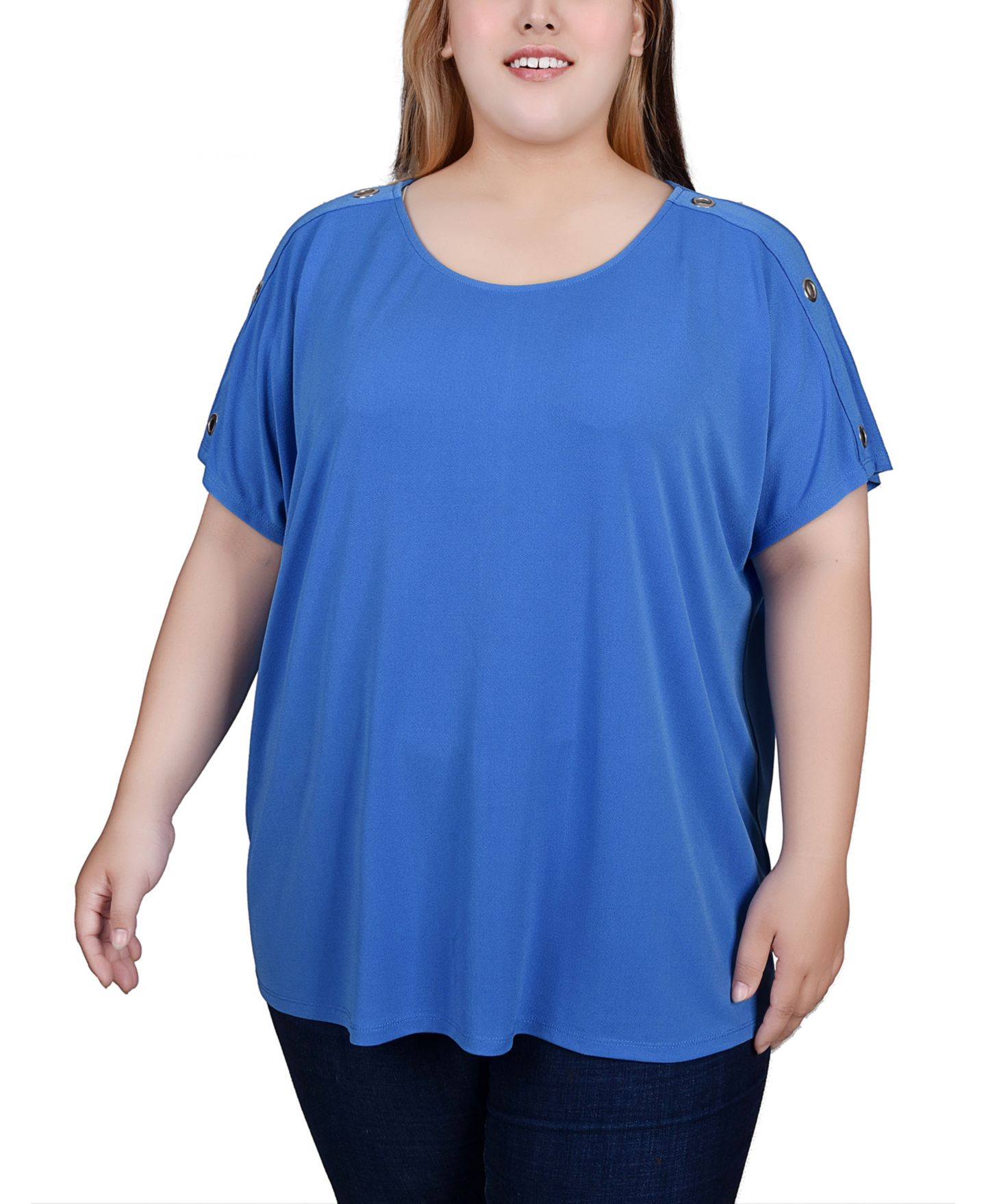 Женский топ NY Collection Plus Size Short Sleeve Tunic Top, цвет: Синий — фото 1