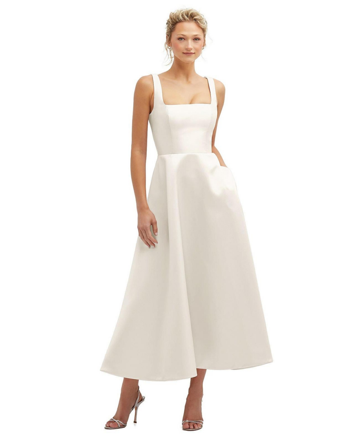 Square Neck Satin Midi Dress with Full Skirt & Pockets - Ivory