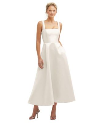 Dessy Collection Square Neck Satin Midi Dress with Full Skirt