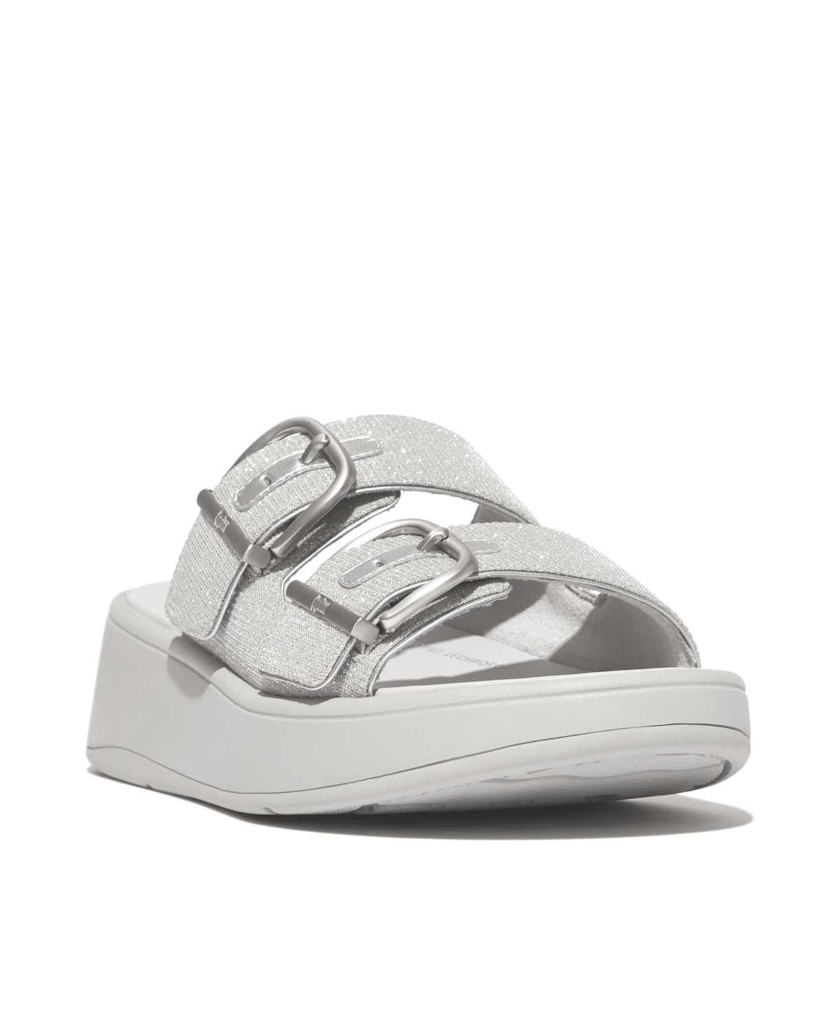 Shop Fitflop Women's F-mode Buckle Shimmer Lux Flatform Two-bar Slides In Silver