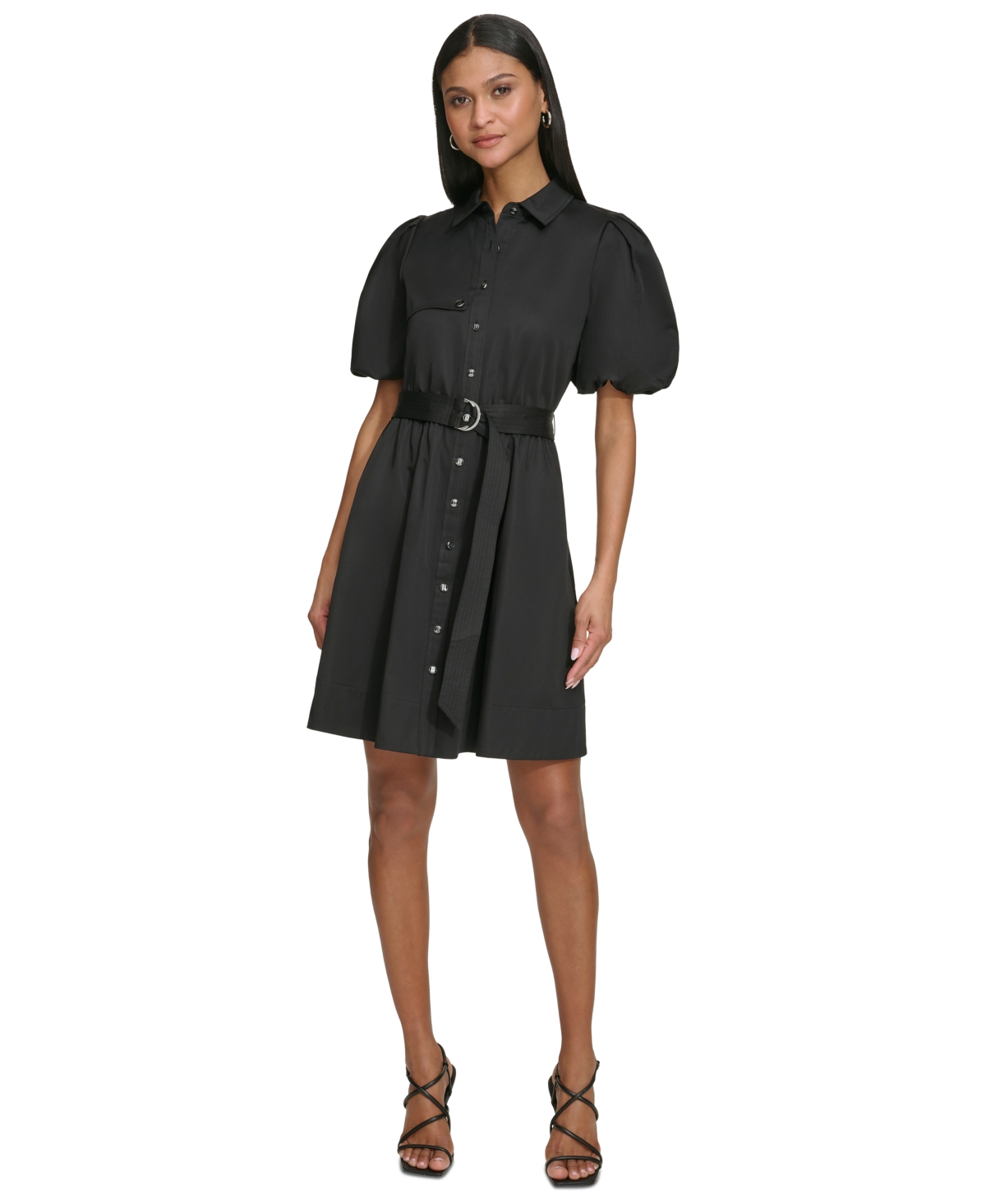 Karl Lagerfeld Women's Cotton Poplin Puff-sleeve Shirtdress In Black