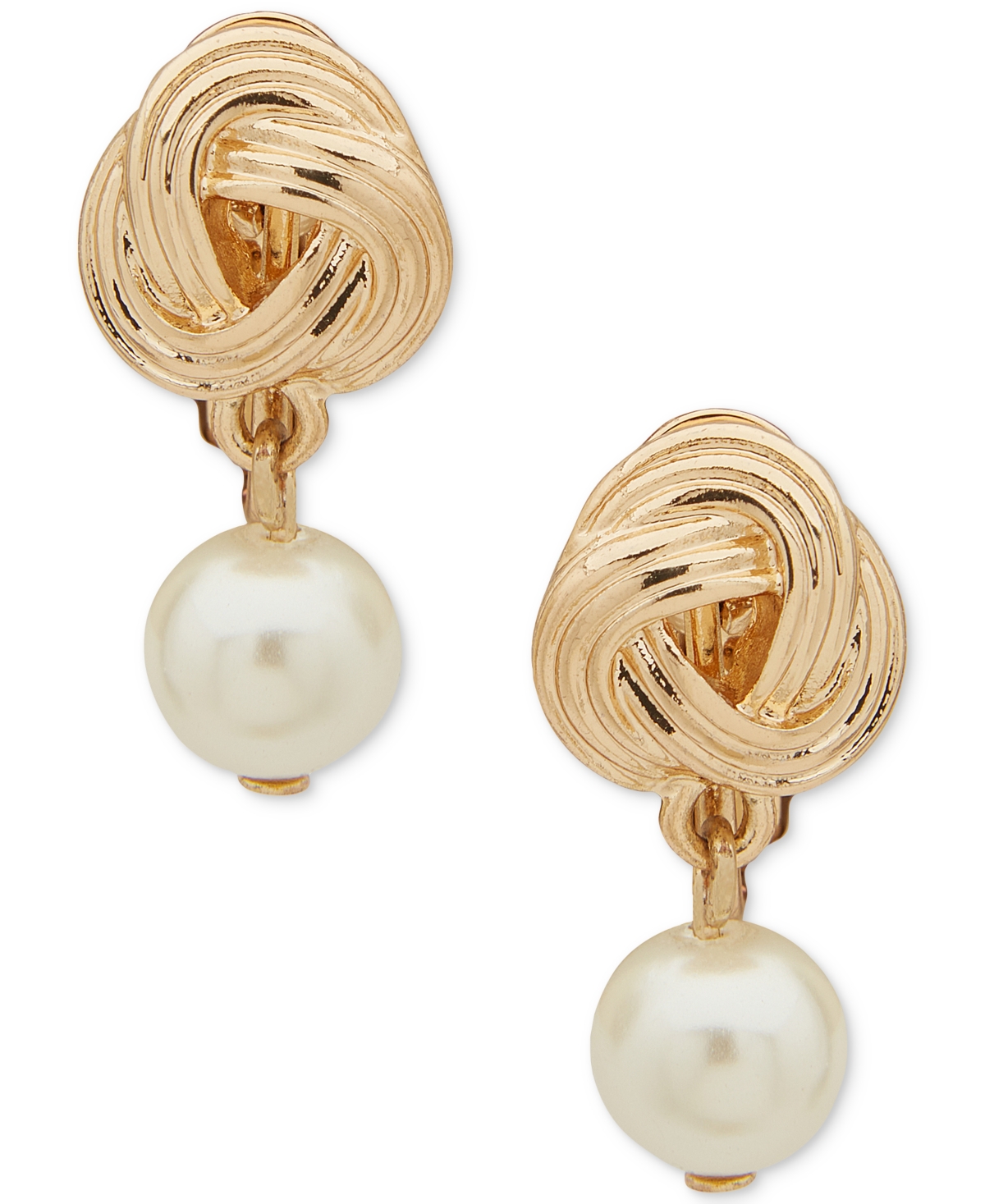 Shop Anne Klein Gold-tone Textured Knot & Imitation Pearl Clip-on Drop Earrings