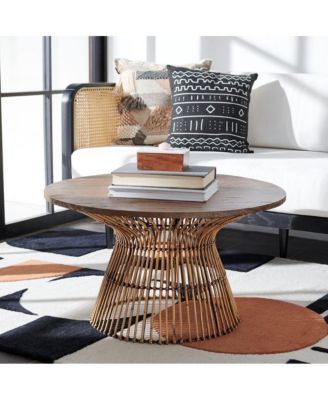 31.5" Round Mango Wood Coffee Table with Rattan Base, Coastal Contemporary Style, No Assembly Required