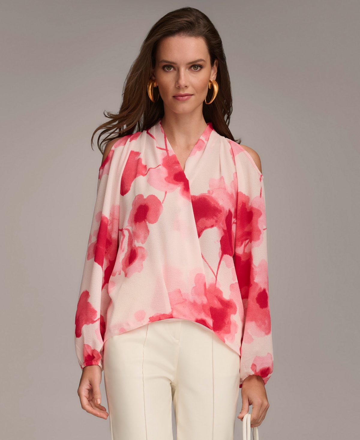 Donna Karan Women's Floral-print Cold-shoulder Blouse In Rose Quartz