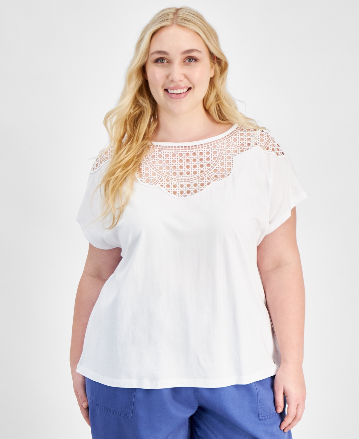 Tommy Hilfiger Plus Size Lace-bib Extended-sleeve Top In Bright White