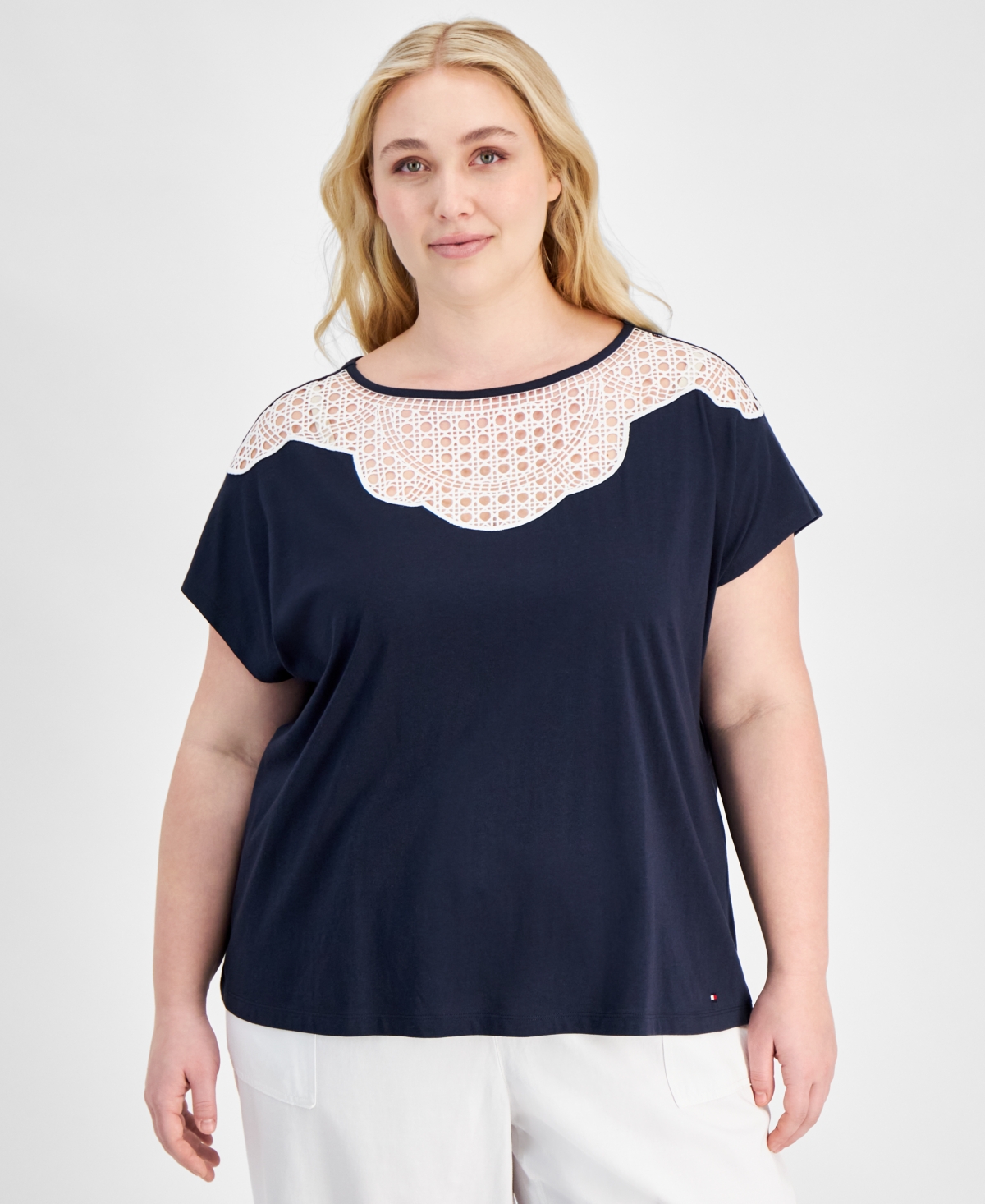 Tommy Hilfiger Plus Size Lace-bib Extended-sleeve Top In Sky Captain