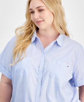 Plus Size Cotton Patchwork-Print Camp Shirt