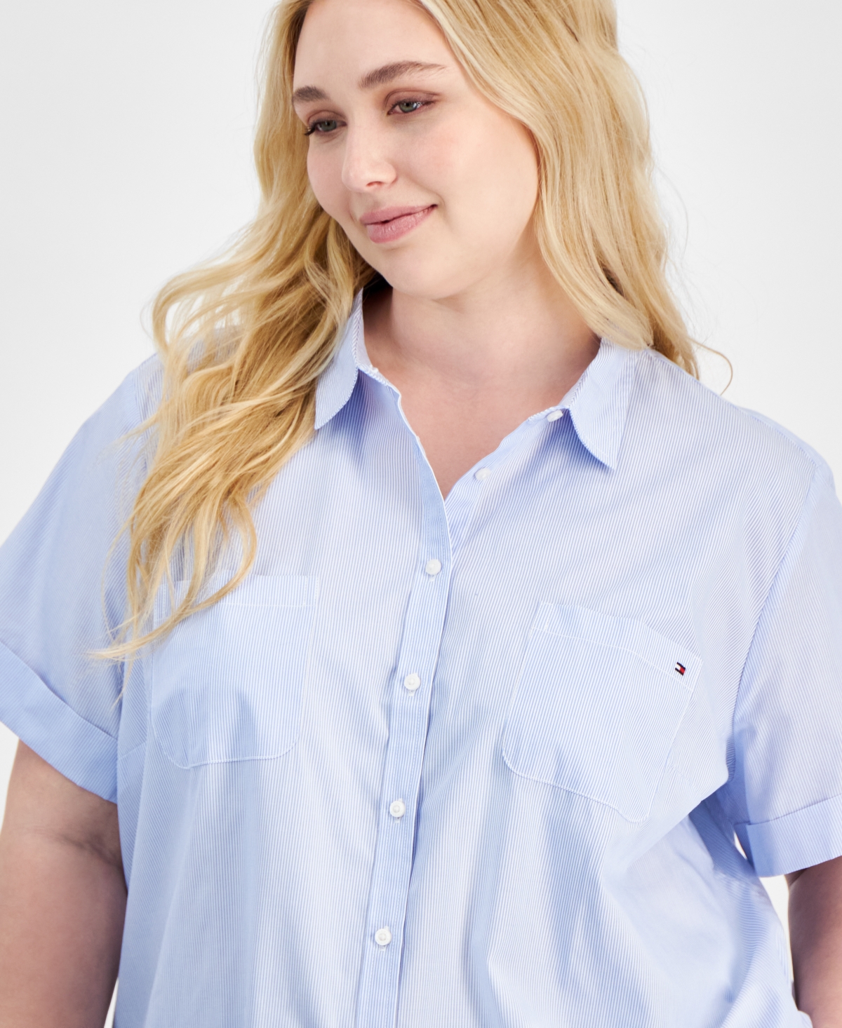 Tommy Hilfiger Plus Size Cotton Patchwork-print Camp Shirt In Blue