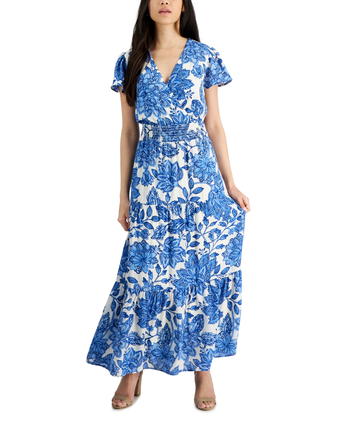 Petite Print Short-Sleeve Maxi Dress - Large Blue Floral