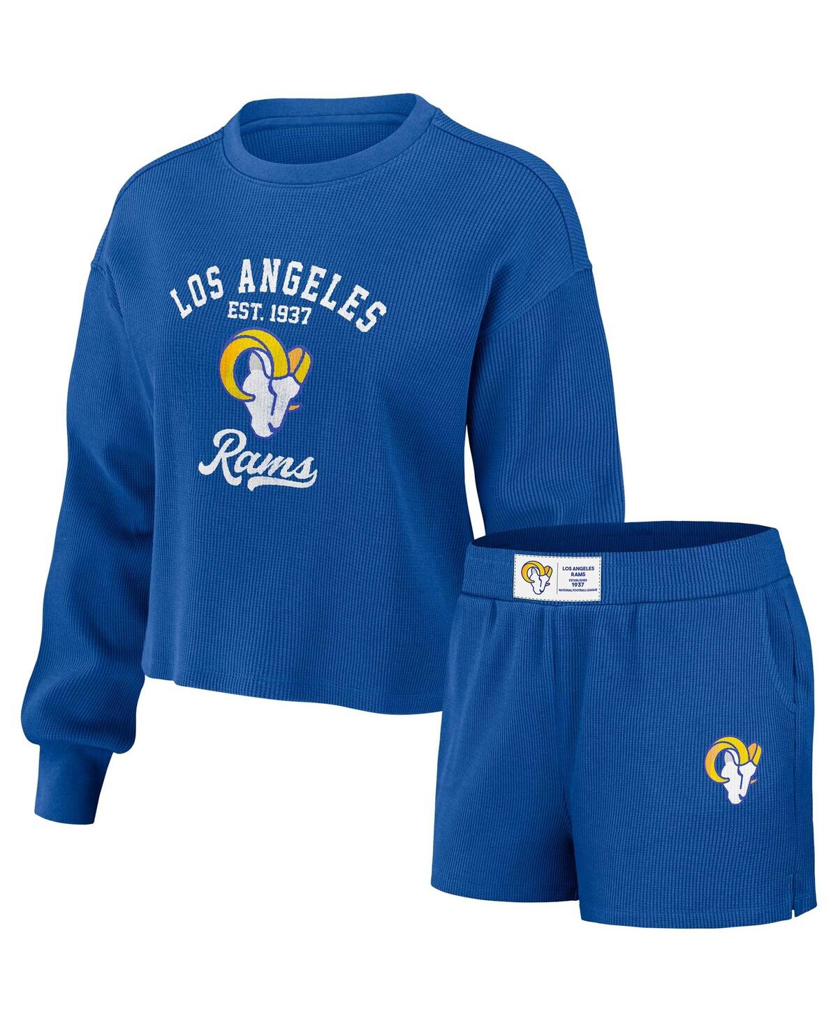 Women's Wear by Erin Andrews Royal Distressed Los Angeles Rams Waffle Knit Long Sleeve T-shirt and Shorts Lounge Set - Royal