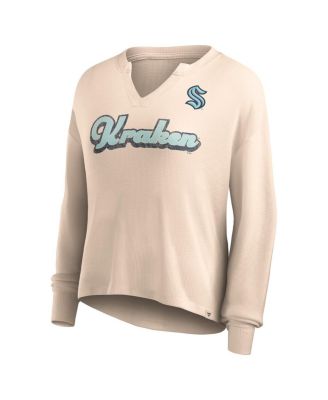 Women's Oatmeal Distressed Seattle Kraken Go For It Notch Neck Waffle Knit Long Sleeve T-shirt