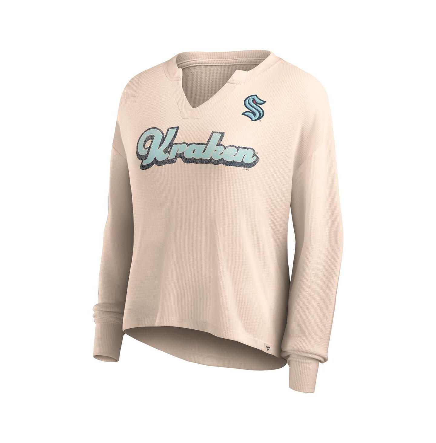 Женская футболка Fanatics Oatmeal Distressed Seattle Kraken Go For It Notch Neck Waffle Knit Long Sleeve — фото 3